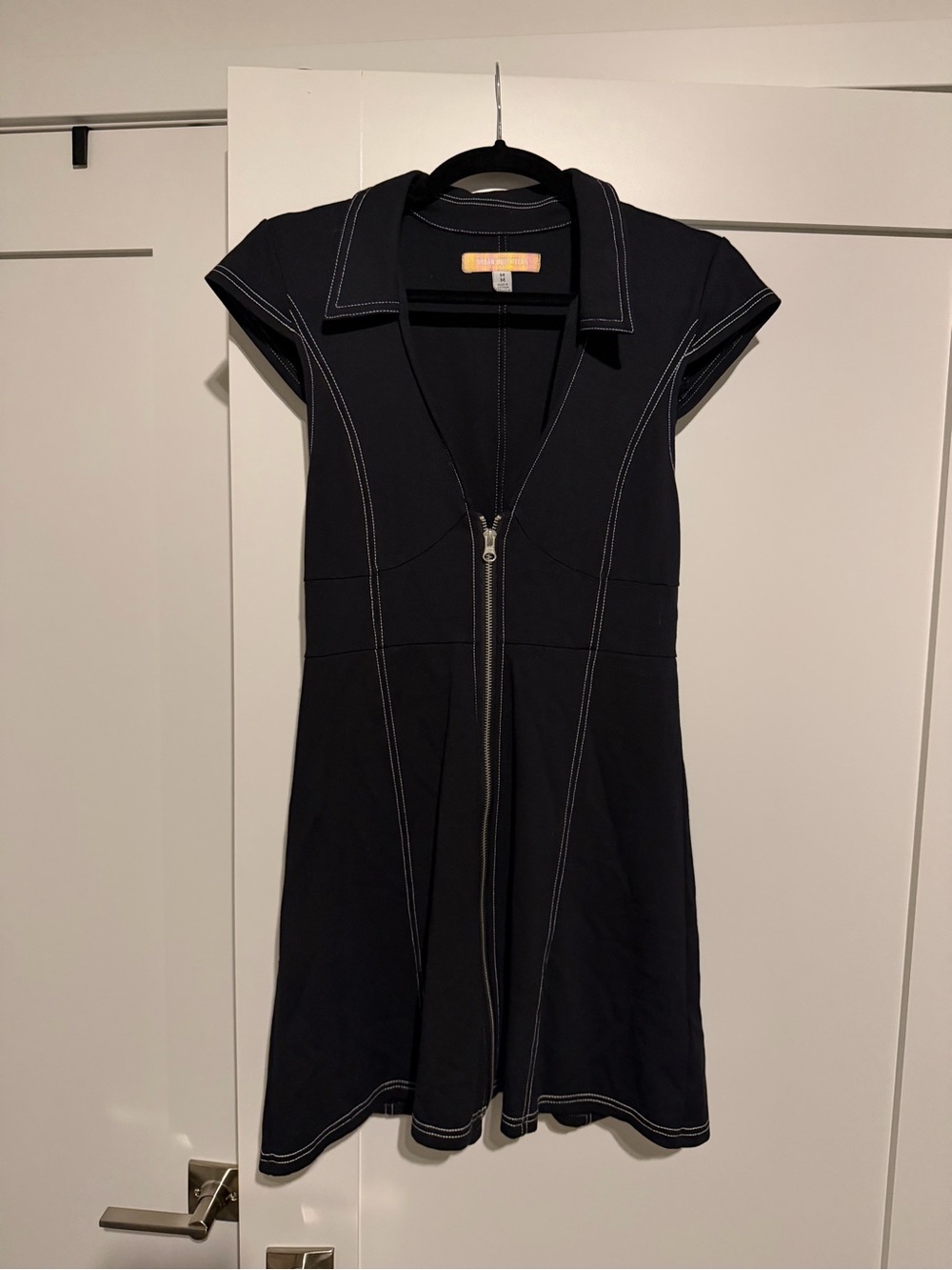 Urban Outfitters Black Short-Sleeve Zip-Front Dress with White Topstitch